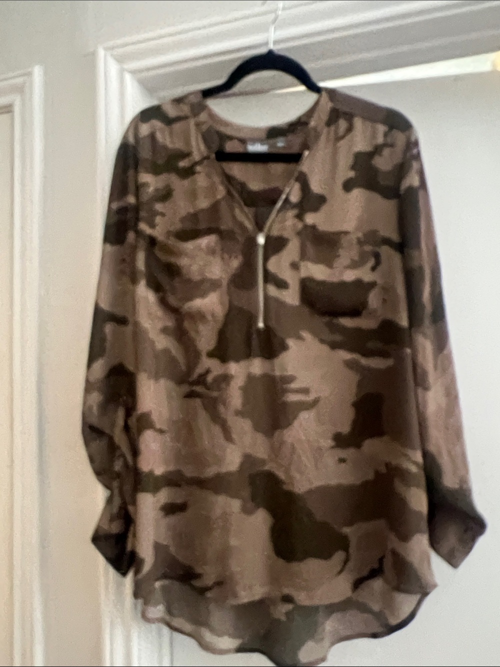 New York & Company Olive and Brown Camo Zip-Front Blouse